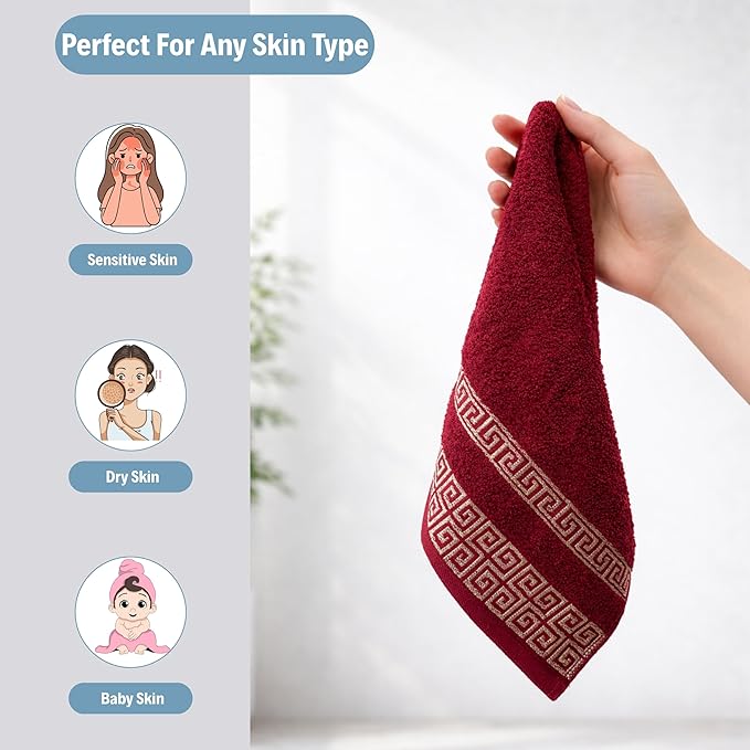 4 Piece WashCloth Set with Greek Key Design - 100% Cotton Soft & Absorbent Bathroom 12x19 in Small Towels - Soft Face Towels, Quick Dry Burgundy Wash Cloth for Spa, Hotel & Home Use CC3