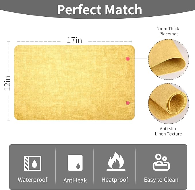Maxpearl Faux Leather Placemats Set of 6 - Waterproof - Wipe Clean - Heat Resistant - Anti Slip Dining Table Place Mats, Suitable for Indoor & Outdoor Use, 17’’×12’’, Yellow