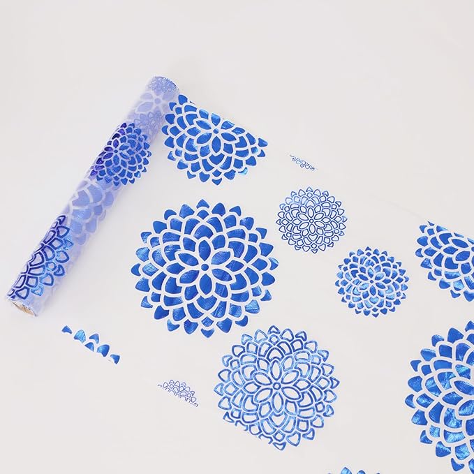 Snowkingdom Blue Dahlia Flowers Table Runner,Glitter Thin Foil Blue and White Dahlia Flowers Mesh Table Runner 11x120 Inch,Kitchen Dining Table Decor for Party Wedding Bridal Birthday Shower