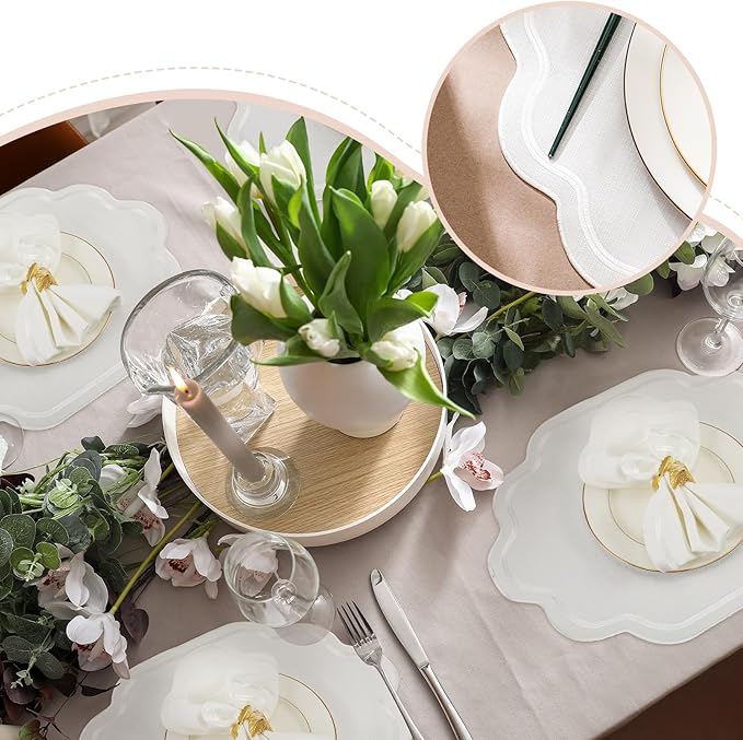 Breling 6 Pcs Wedding Placemats Scalloped Embroidered Cotton Linen Placemats 17" x 13" Double Layered Machine Washable Table Place Mat for Party Table Decor (White)