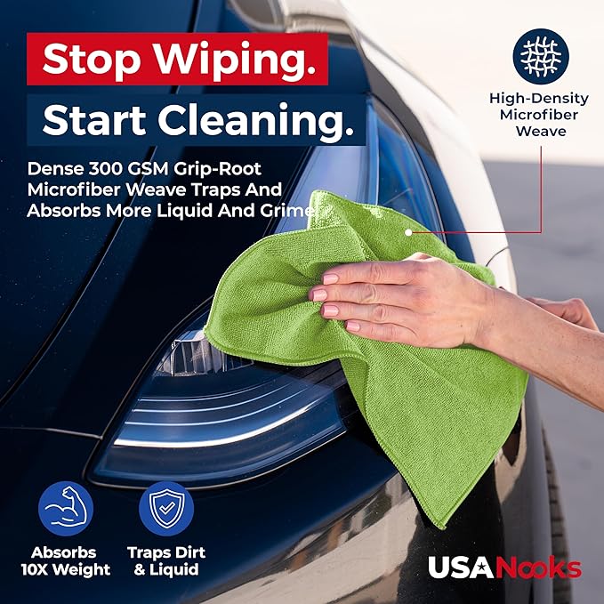 USANOOKS Microfiber Cleaning Cloth Light Green - 8 Pcs 12.5"x12.5" - High Performance - 1200 Washes, Ultra Absorbent Towels Weave Grime & Liquid for Streak-Free Mirror Shine - Car Washing Cloth