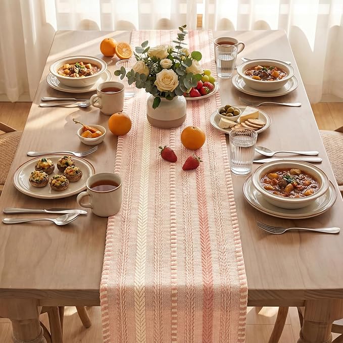 Artoid Mode Pink Farmhouse Woven Table Runner, Seasonal Holiday Rustic Kitchen Dining Table Decoration for Home Party Decor 12x72 Inch