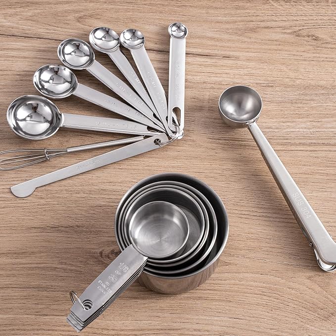 14 Piece Measuring Cups and Spoons Set Stainless Steel - 5 Nesting Measuring Cups & 6 Measuring Spoons, 1 Coffee Scoop & 1 Leveler & 1 Mini Blender for Cooking Baking