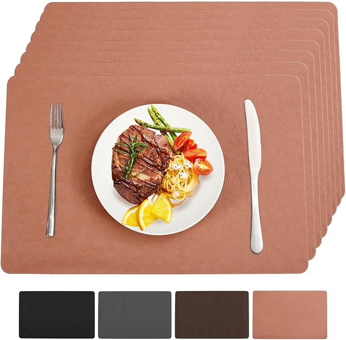 Vinyl Placemats Set of 8 Heat Resistant Easy Clean Non-Slip Place Mats for Dining Table. Faux Leather Waterproof Stain Resistant Wipeable Washable PU Table Mats(8, Coral)