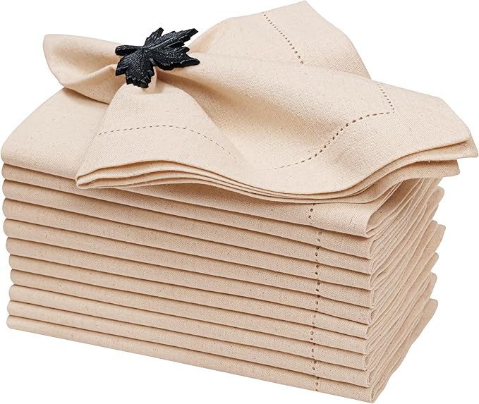 ALPHA Living HOME Linen Cloth Napkins Set of 12-18x18 Natural Flax Cotton Fabric, Hemstitched Mitered Corners, Reusable & Machine Washable Dinner Napkins for Wedding, Cocktail & Party Table