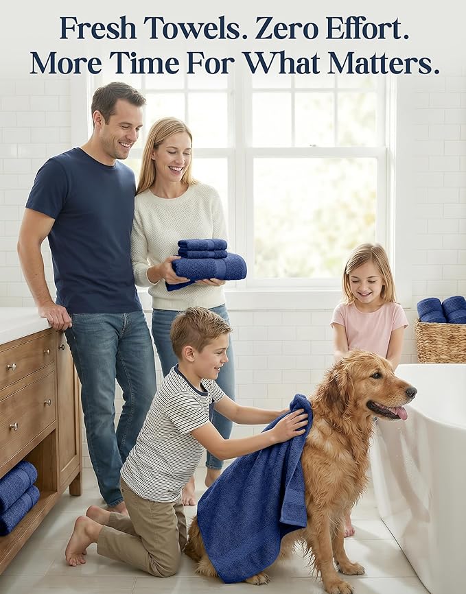 LANE LINEN Luxury Cotton Bath Towel Set - 16 Piece - Low Twist, Soft & High Absorbency - 4 Bath, 8 Wash cloths, 4 Hand Towels - Classic Hotel Quality, Durable & Ideal for Modern Bathrooms - Navy Blue