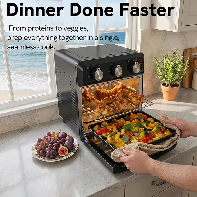 VAL CUCINA 6-in-1 Air Fryer Toaster Oven Combo, Compact 12.7 QT Small Countertop Convection Oven, Fits 9" Pizza & 4 Toast, Hexagon Hybrid Heating, Enamel Baking Pan