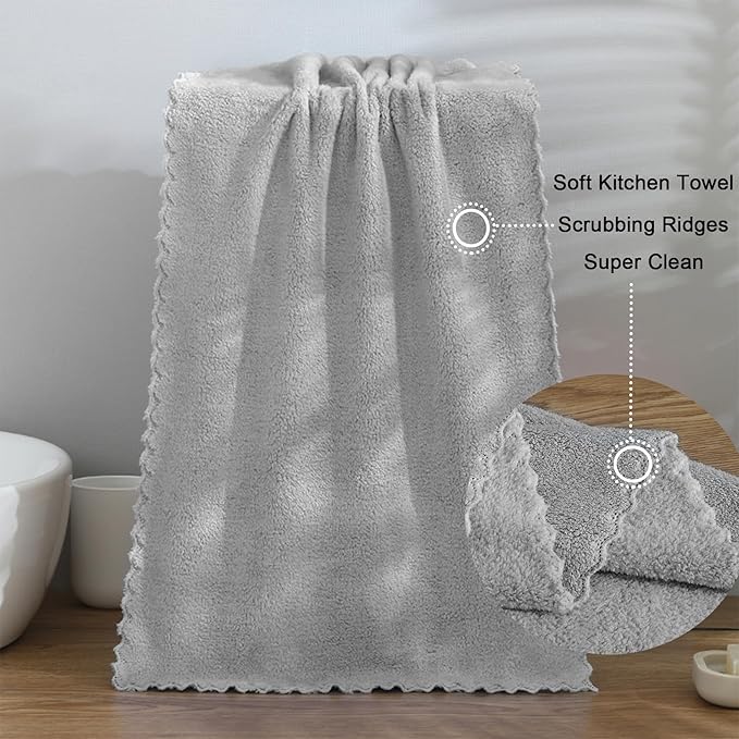 kimteny Kitchen Cloth Dish Towels, 13x28 Inches Premium Dishcloths, Super Absorbent Coral Velvet Microfiber Cleaning Cloths, Fast Drying Rags for Washing Dishes (13x28-6 Pack, Grey)