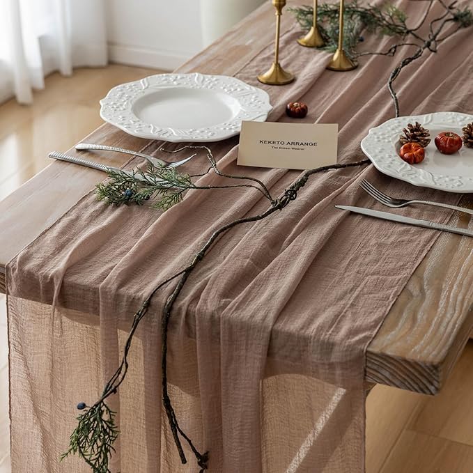 Keketoarrange 3pcs Cheesecloth Table Runner Nude Gauze Rustic Boho Coffee Cheese Cloth 120 Inch 10 FT for Wedding Baby Shower Bridal Shower Birthday Party Long Sheer Farmhouse Home Decorations