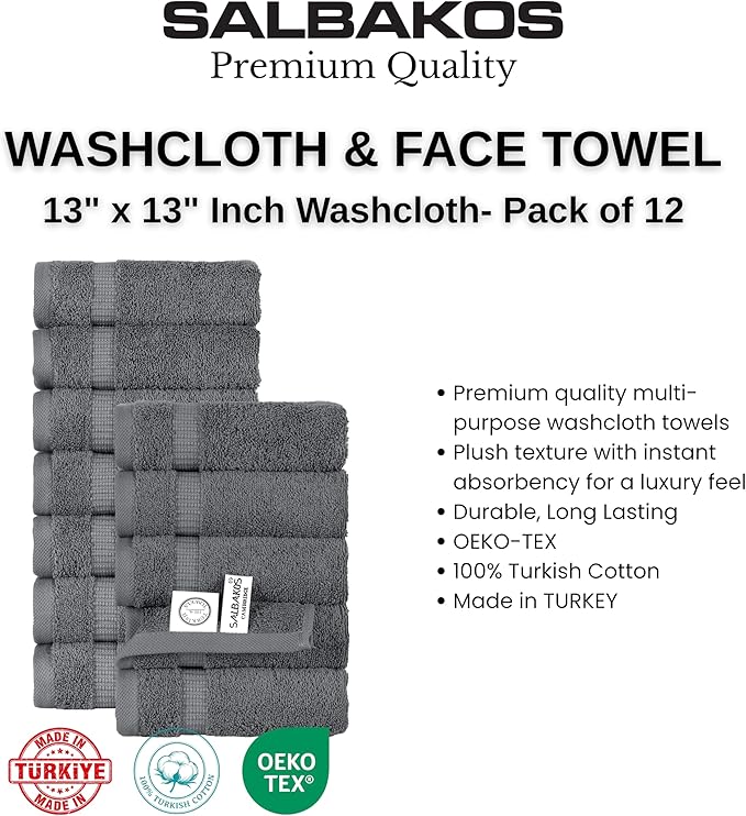 SALBAKOS 12-Piece 100% Turkish Cotton Wash Cloths for Bathroom & Face - Soft 13x13 in Small Towels for Body & Kitchen - Thick, Absorbent Multi-Use Oeko-TEX Certified Washcloths (Gray, 12 Washcloths)