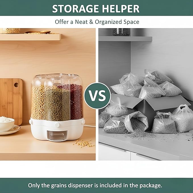 360° Rotating Grain Dispenser with 6 Grids, 27lbs Large Capacity Grain Dispenser Rotating Kitchen Storage Containers With Sealed Lid for Cereals, Oatmeal and Candy