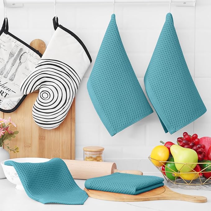 Homaxy 100% Cotton Waffle Weave Kitchen Dish Cloths, 4-Pack Ultra Soft Absorbent Dish Towels, Quick Drying Dish Rags, 12 x 12 Inches, Lake Blue