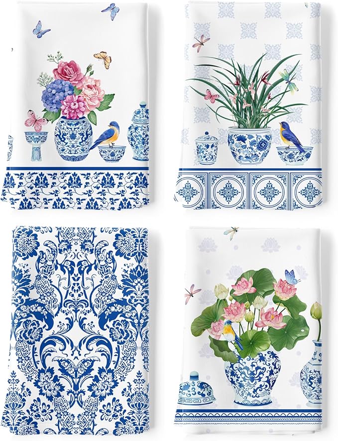 Blue and White Porcelain Tea Towels, Cotton Kitchen Towel 18.9 × 27.5 inch, Quick Drying Dish Cloth for Party Anniversary Holiday Decoration, Housewarming Gifts for Mom