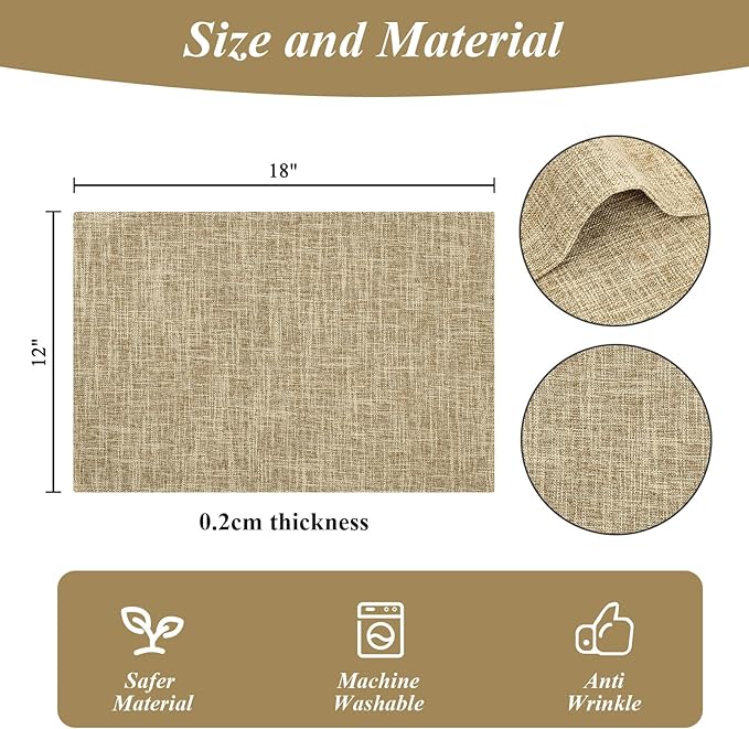 SHACOS Fabric Placemats Set of 4 Washable Heat Resistant Place Mats Non Slip Double Layer Thickened Rustic Farmhouse Table Mats Indoor Outdoor, Khaki