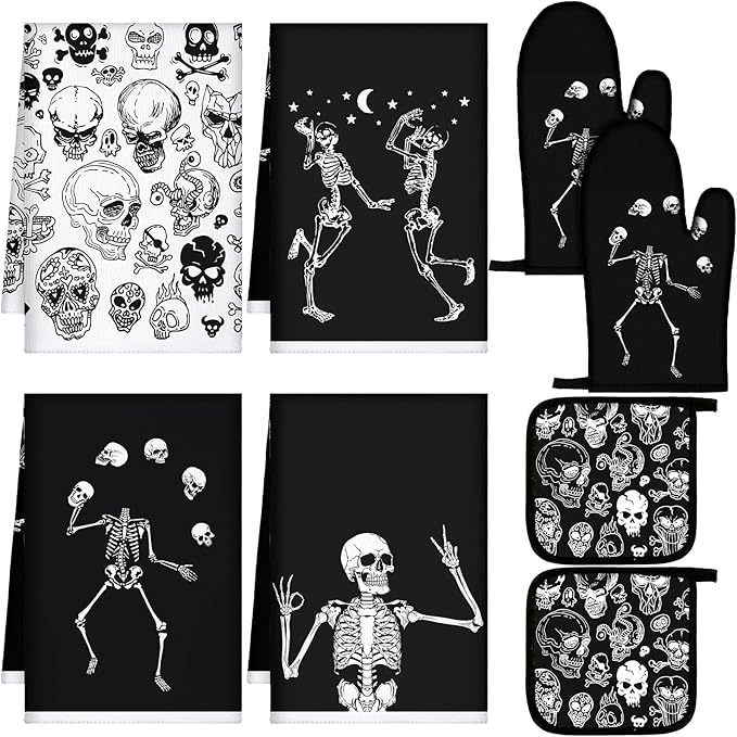 Leinuosen 8 Pcs Skull Kitchen Decor Set Kitchen Towels Gothic Oven Mitts and Pot Holders Skeleton Hand Dish Towels Horror Oven Mitts for Home Decoration Party Gifts (Black and White,Skeleton)