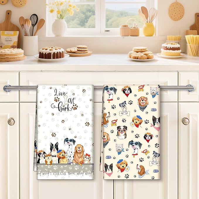 Cute Dogs Tea Towels, Cotton Kitchen Towel 18.9 × 27.5 Inch, Quick Drying Dish Cloth for Party Anniversary Holiday Decoration, Gift for Dog Lovers