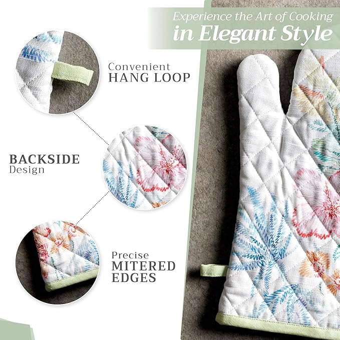 Maison d' Hermine 100% Cotton Oven Mitt & Pot Holder Set (7.5"x13" & 8"x8") Heat Resistant Cooking Gloves with Loop Baking Grilling Kitchen Gifts for Mothers Day Spring/Summer (Paradise Island)