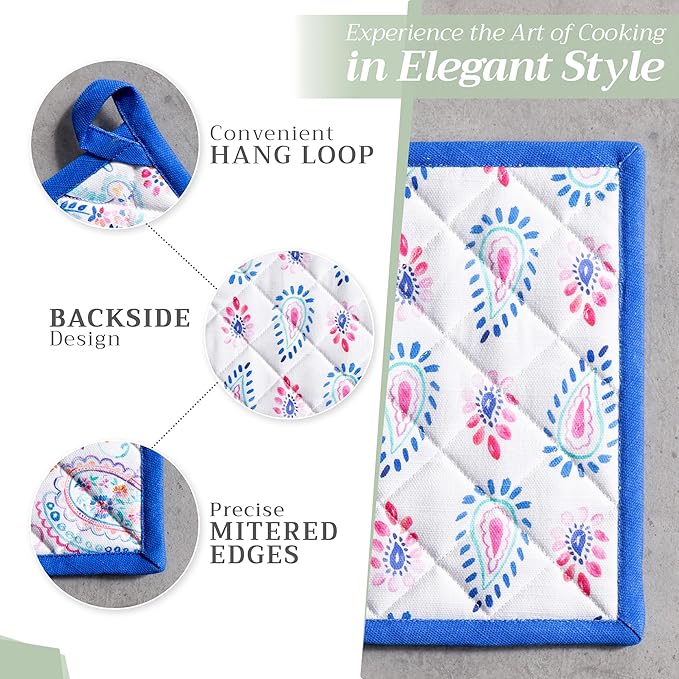 Maison d' Hermine 100% Cotton Oven Mitt & Pot Holder Set (7.5"x13" & 8"x8") Heat Resistant BBQ Cooking Gloves with Loop Baking Grilling Kitchen Gifts for Mothers Day Spring/Summer (Indian Floral)