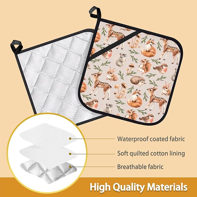 Mushroom Squirrel Deer Hedgehog Pot Holder Set of 2,Heat Resistant Potholders Oven Hot Pads for Kitchen Cooking Baking BBQ