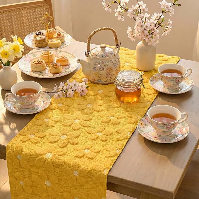 Artoid Mode Yellow Soft Plush Faux Fur Jacquard Embroidery Daisy Spring Table Runner, Kitchen Dining Table Decoration for Home Party Decor 13x72 Inch