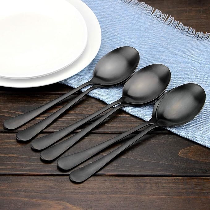 Serving Spoons, Matte Black X-Large Spoons, 6 Pieces 9.8 Inches Serving Tablespoons, AOOSY Stainless Steel Solid Buffet Banquet Flatware Kitchen Basics Serving Spoon Big Ladle Spoon