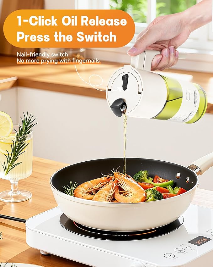 OURCABECUE Upgrade 2 in 1 Oil Sprayer for Cooking, 17oz Light-Blocking Glass Olive Oil Dispenser Bottle for Kitchen,Food-Grade Oil Mister with 8 Stickers for Salad, Frying (Green Bottle-White Gap)