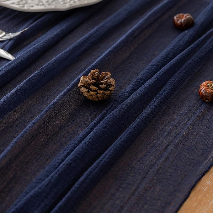 Keketoarrange Navy Blue Gauze Rustic Cheesecloth Table Runner 120 Inch 10 FT for Wedding Baby Shower Bridal Shower Birthday Engagement Garden Outdoor Party Long Sheer Boho Decorations