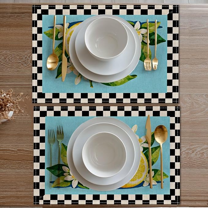 HOMETITUTE Placemats Set of 4 12x18 inch Lemon Pattern Spring Table Mats for Dining Table Linen Placemats Farmhouse Decorations Kitchen Decor Desk Mat for Outdoor Home Party Kitchen Seasonal Dining