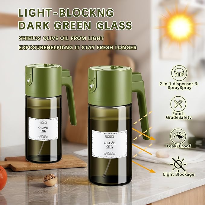 Glass 2 In 1 Olive Oil Dispenser Bottle for Kitchen Gadgets, Olive Oil Sprayer for Cooking 17oz/500ml (Light Blockage, Green)