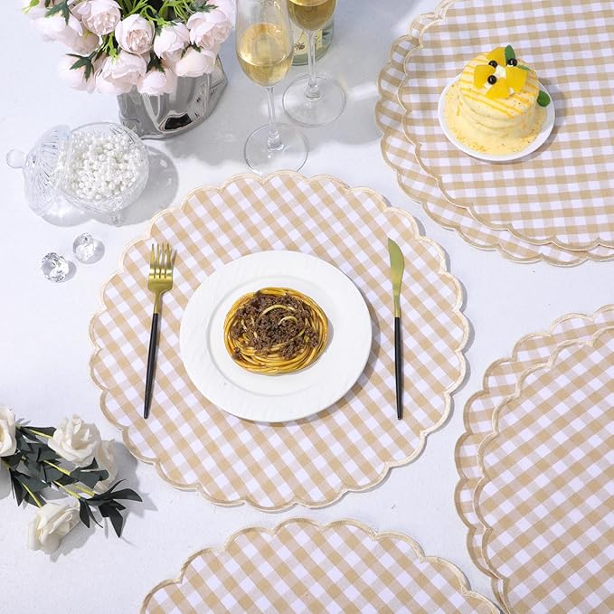 Set of 6 Round Placemats 15 Inch Cotton Scalloped Embroidery Placemat Washable Double Layered Rustic Dinner Table Mat Decor Fabric for Hotel Restaurant Kitchen(Khaki,Plaid)