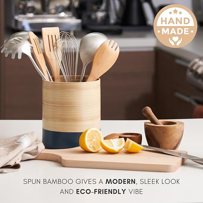 Handcrafted Bamboo Kitchen Utensil Organizer, Modern Countertop Cooking Utensil Holder, Large Crock