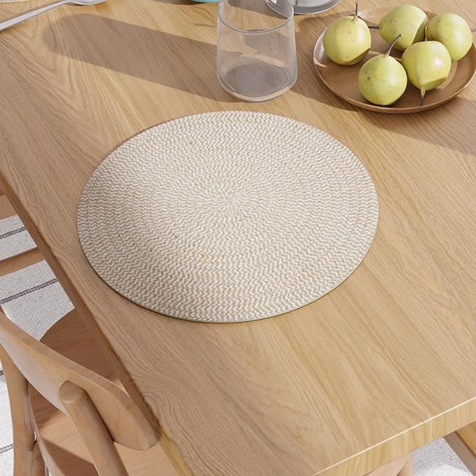 Encasa XO Dining Placemats Set of 4 | Cotton Round Table Mat - 13 in Diameter | Beige & Off White Mix | Handmade Rib Style Chargers for Dinner Plates