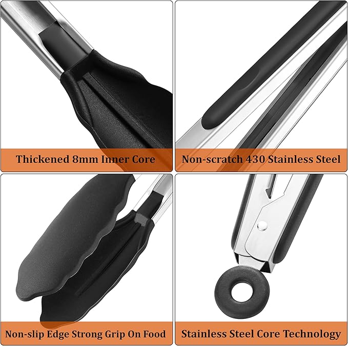 4 PCS Kitchen Tongs with Silicone Tips, 9 & 12-Inch Heat Resistant Silicone Tongs for Cooking Stainless Steel Spaghetti Tong Pasta Tong for Serving Food, Spaghetti, Pasta, BBQ, Salad (4PCS)