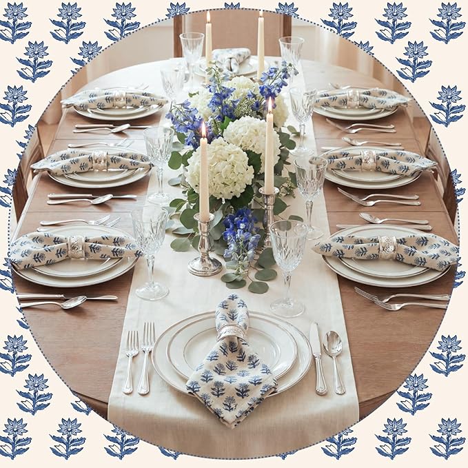 Mindsoft Set of 12 Floral Cloth Napkins Linen Cloth Napkins Spring Flower Wildflowers Dinner Napkin 18 x 18 Inch Vintage Washable Reusable for Dinner Home Restaurant Wedding Decor(Blue,12 Pcs)