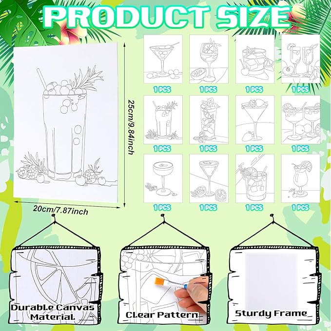 Motipuns 12 Set Pre Drawn Canvas for Painting for Adults Sip and Paint Kit with Easels 8 x 10 Inches Paint Party Kit with Printed Canvas Paints Brushes Palette Bag Apron(Cocktails)