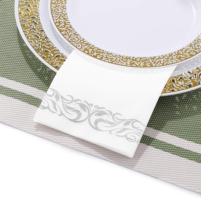 FOCUSLINE 200 Linen Feel Disposable Bathroom Napkins, Soft and Absorbent Paper Guest Towels, Cloth-Like Paper Hand Towels Decorative Napkins for Parties, Weddings, Dinners or Events, Silver, 12" x 17"