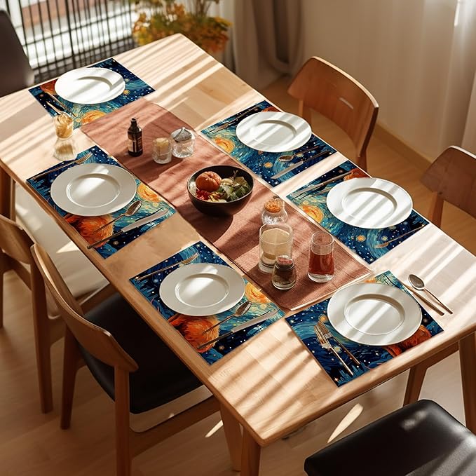 Starry Night Cat Placemats Set of 6,Washable Heat Resistant 12×18 Inch Linen Table Mats Cute Place Mats for Party Outdoor Dining Décor