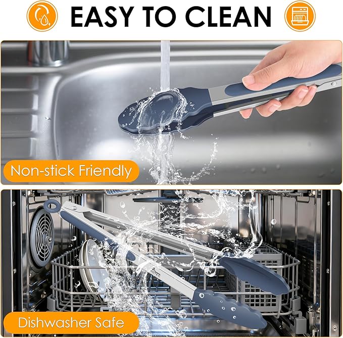 HOTEC Premium Stainless Steel Locking Kitchen Tongs with Silicon Tips, Set of 3-7", 9" and 12" (Dusty Blue)