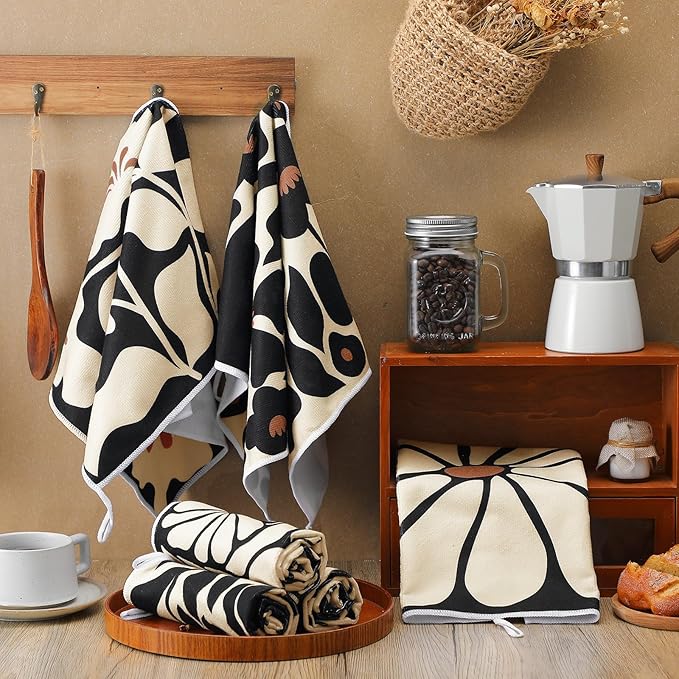 Breling Boho Kitchen Towels Set of 6 Boho Floral Dish Towels Cute Tea Towel Decorative Hand Towel Vintage Rustic Cloths for Kitchen Drying Housewarming Gifts Home, 14 x 21 inch (Black)