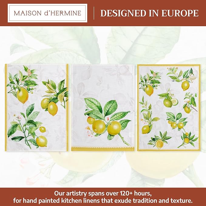 Maison d' Hermine Kitchen Towels Set of 3 100% Cotton 27.50" x 20" Reusable Cloth Tea Dish Towels Absorbent with Hanging Loop for Kitchen Gifts for Mothers Day Spring/Summer (Limoncello)