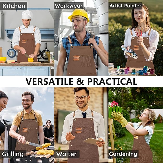Plus Size Canvas Aprons, Kitchen Chef Aprons, Unisex Heavy Duty Work Apron, Adjustable Strap Apron with Pockets