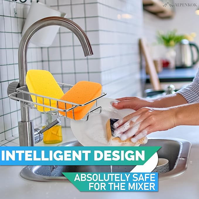 Kitchen Sink Faucet Organizer - Stainless Steel Kitchen Sink Sponge Holder Around Faucet, Rust-Resistant, 360° Rotating Design (7.0" x 5.4" x 1.69") - Fits Only 0.78" - 0.98" Diameter Pipes