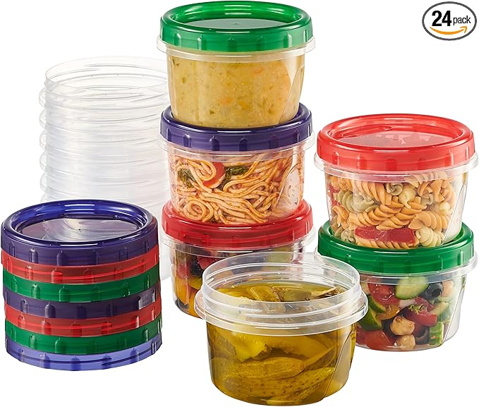 ELEGANT DISPOSABLES Twist Top Food Storage Containers 16 oz 24 Pack Plastic Freezer Storage Containers Leakproof Reusable with Screw on Colored Lids