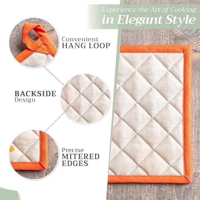 Maison d' Hermine Pot Holders Set 100% Cotton Heat Resistant Potholders 8" x 8" Hot Pads with Loop for Thanksgiving Christmas Decorations BBQ Baking Handling Hot Pans (Pack of 2, Colours of Autumn)