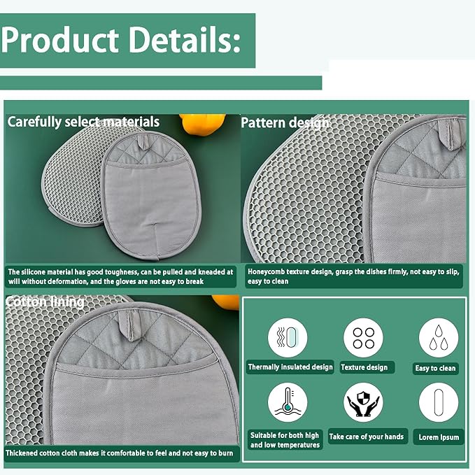 Silicone Pot Holder Set of 2 with Pocket, Heat Resistant Oven Mitts and Non-Slip Ribbed Kitchen Hot Pads for Cooking and Baking - Extra Large Size 9.8 x 7.5 inches, Quilted Lining (Black)