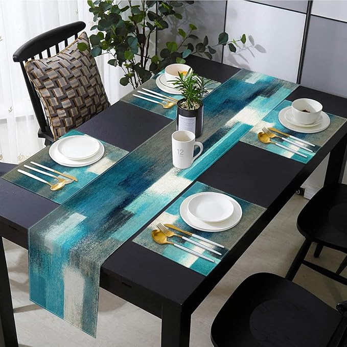 Emvency Farmhouse Table Runner and Placemats Set of 6, Cotton-Linen Abstract Teal and Grey Painting Art Dining Table Decor for Daily Use(1 Table Runner 72 inches Long and 6 Placemats)