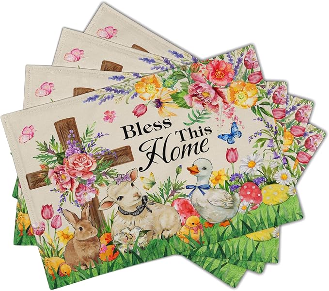 Easter Farmhouse Placemats Set Season Floral Faith Christian Place Mats Animals Kitchen Dining Table Decor 12 X 18 in