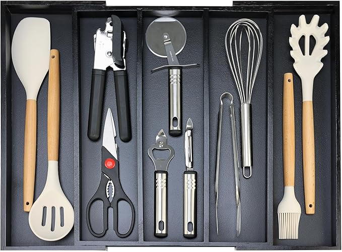 Expandable Large Kitchen Utensil Drawer Organizer Storage Black Bamboo Silverware Organizers Tray Divider Adjustable Spoon Flatware Organizer Wood Cutlery Tray Cooking Utensils Tool Holder Drawer