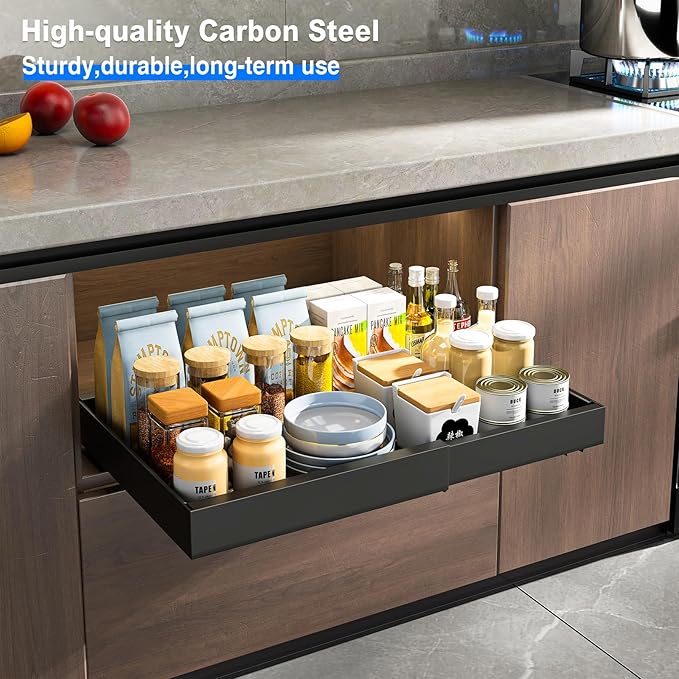 Mustorn 2 Pack Pull Out Cabinet Organizer, Expandable Slide Out Drawers for Kitchen Cabinets Peel and Stick Pullout Drawer Heavy Duty Sliding Shelves for Cupboard, Pantry, Bathroom(16.5" Deep, Black)