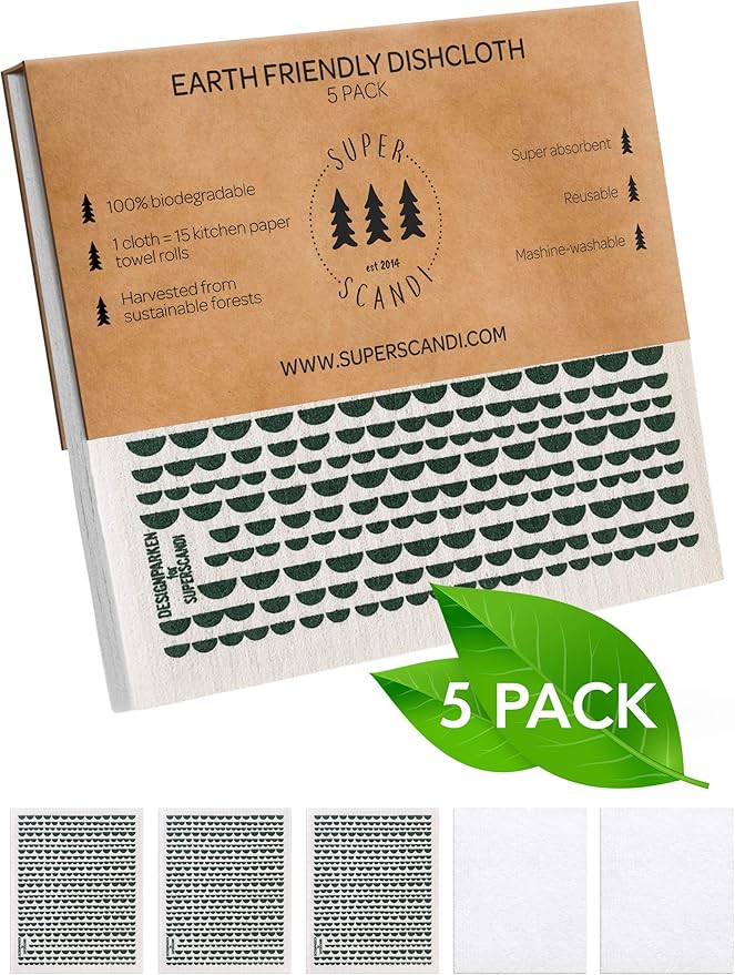 SUPERSCANDI 5 Pack Swedish Dishcloths for Kitchen - 100% Biodegradable & Compostable Reusable Paper Towels Washable, Food-Safe & Without Plastic - Dish Rags Suitable for Any Surface, Moon Green